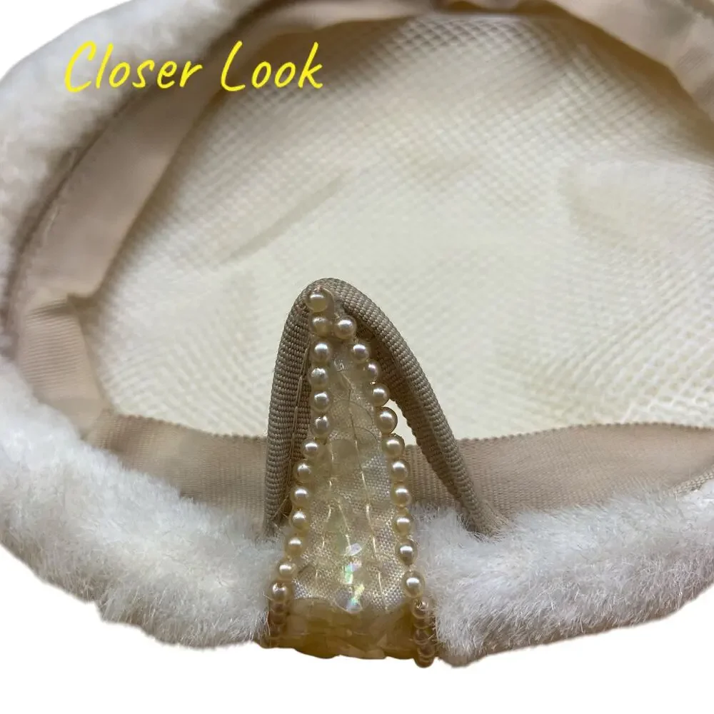 1960s Vintage White Fur Calot Hat Pearl Beaded Vintage Cocktail Topper - Picture 8 of 9